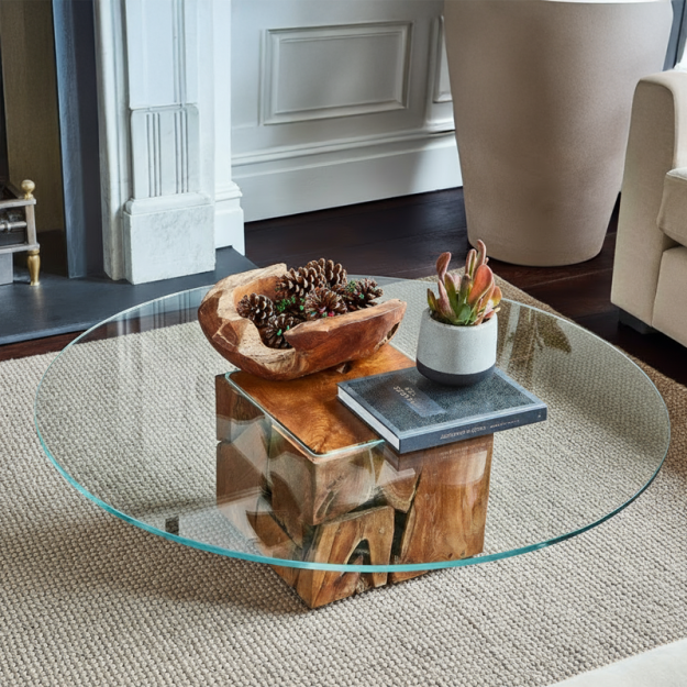 Teak Root Round Glass Coffee Table