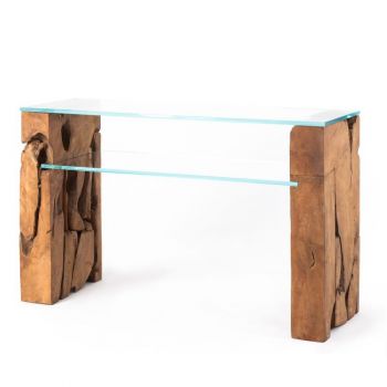 Glass Console Table with Teak Root Base