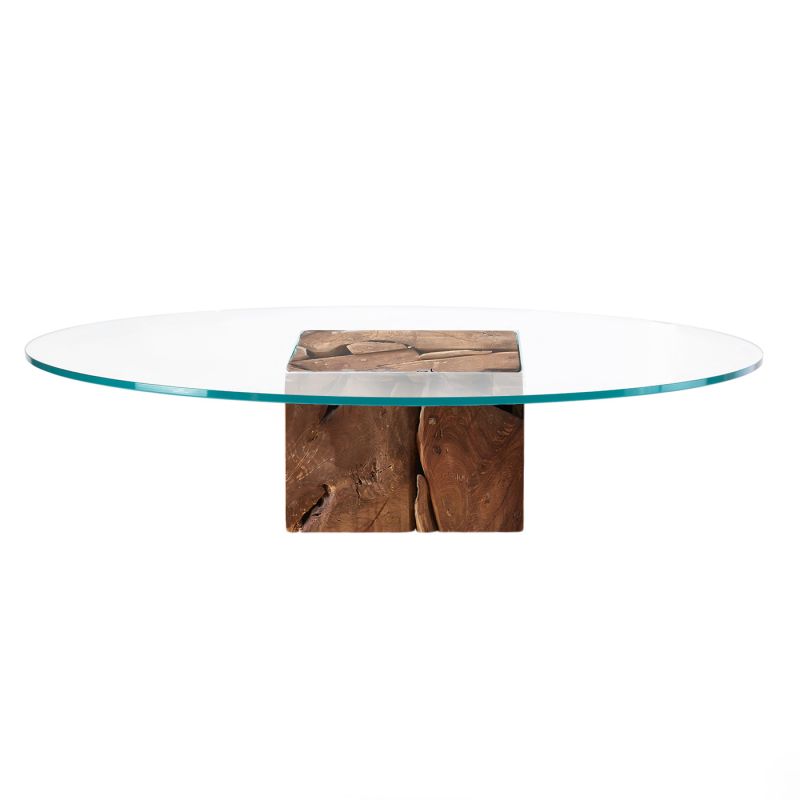 Teak Root Round Glass Coffee Table, Round Wood Glass Top Coffee Table